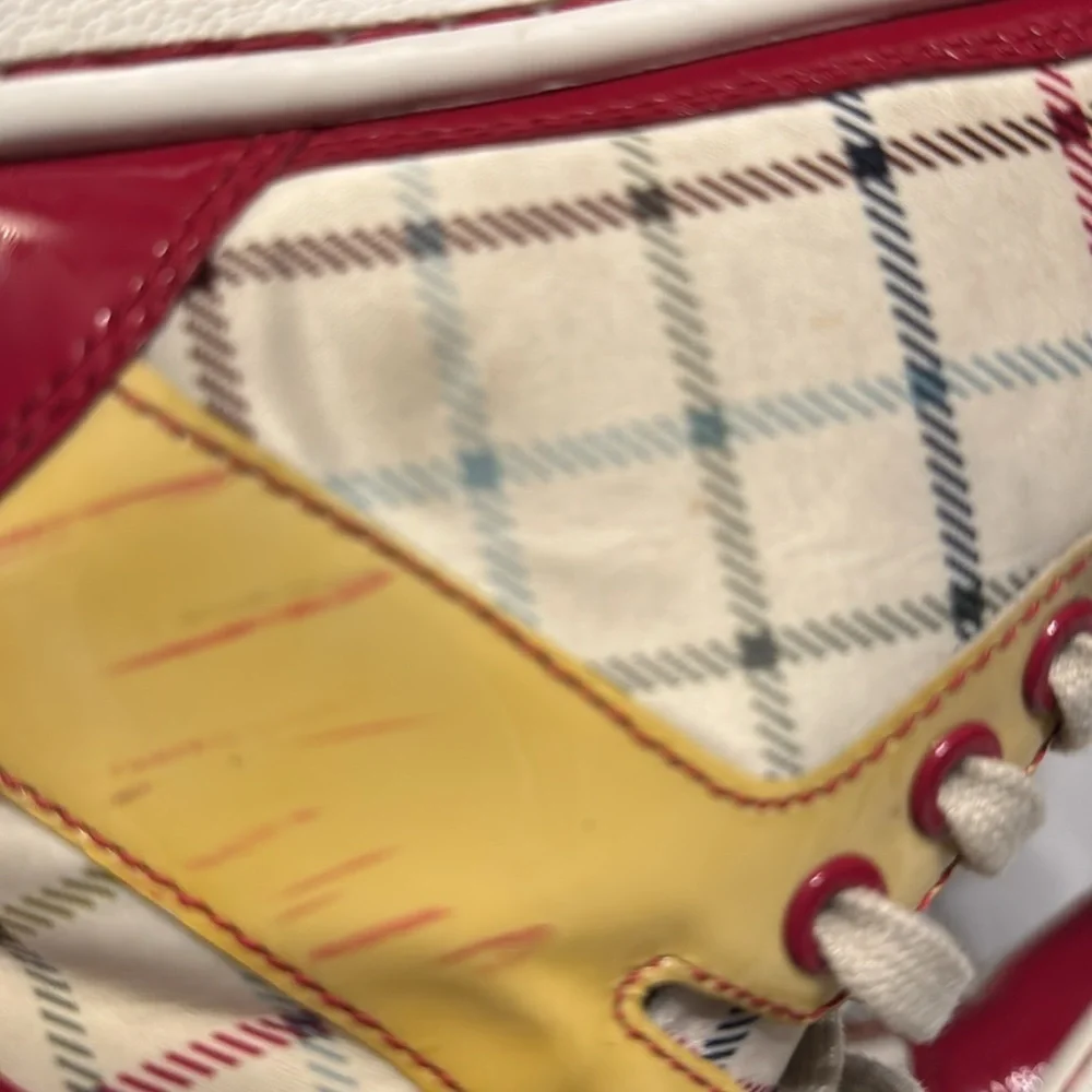 Coach Nora Tattersall 7.5 Pink Raspberry and Yellow Plaid Vegan Leather High Top